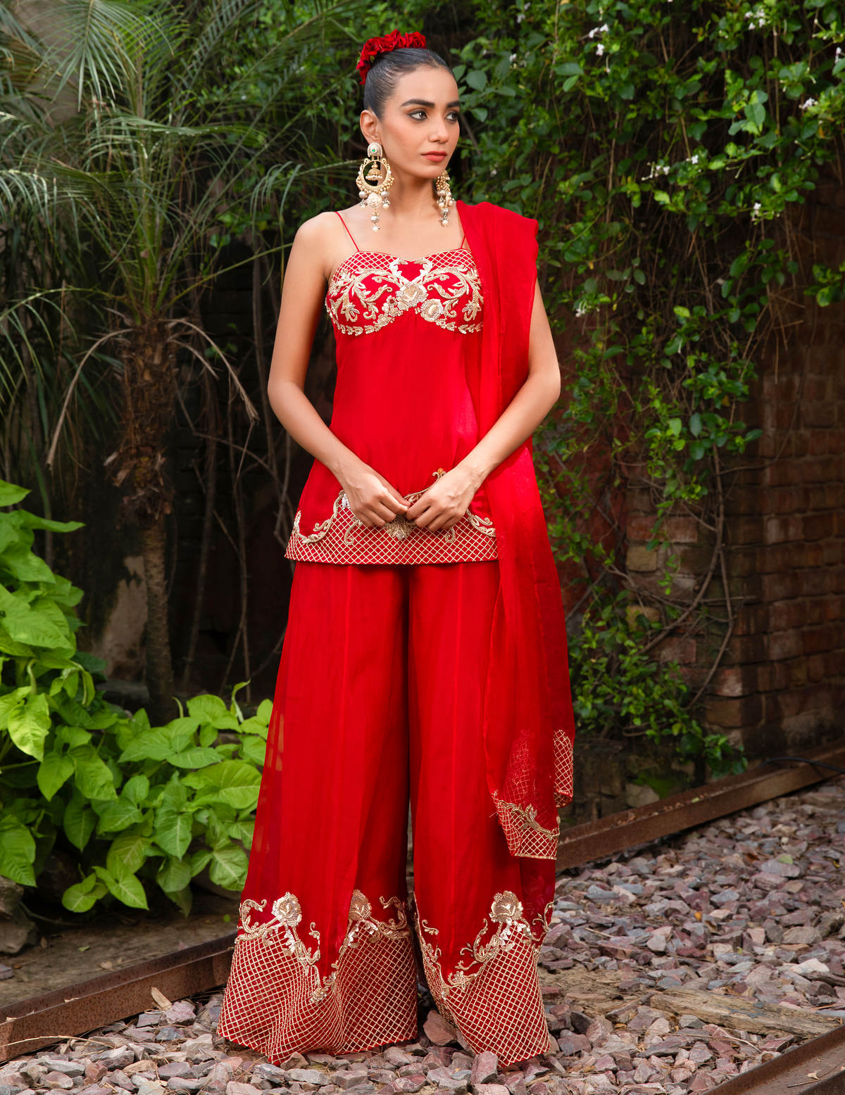 Rococco Inspired Scarlet Corset Peplum Top & Palazzo