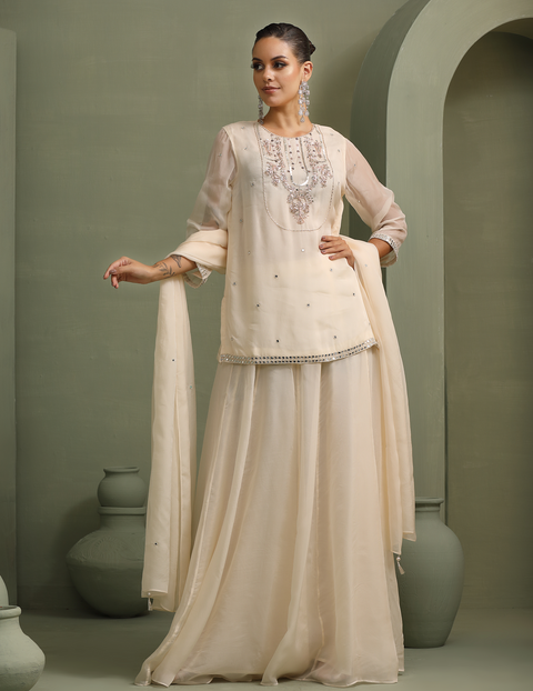 Ivory Hand-Embellished Short Kurti With Mirror-Work Lehenga & Dupatta Set