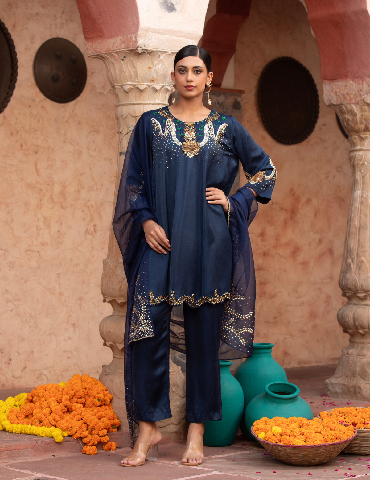Midnight Blue Hand-Detailed Anarkali Set