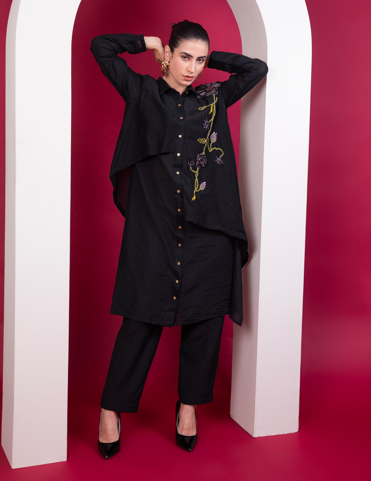 Black Layered Long Shirt Co-Ord Set