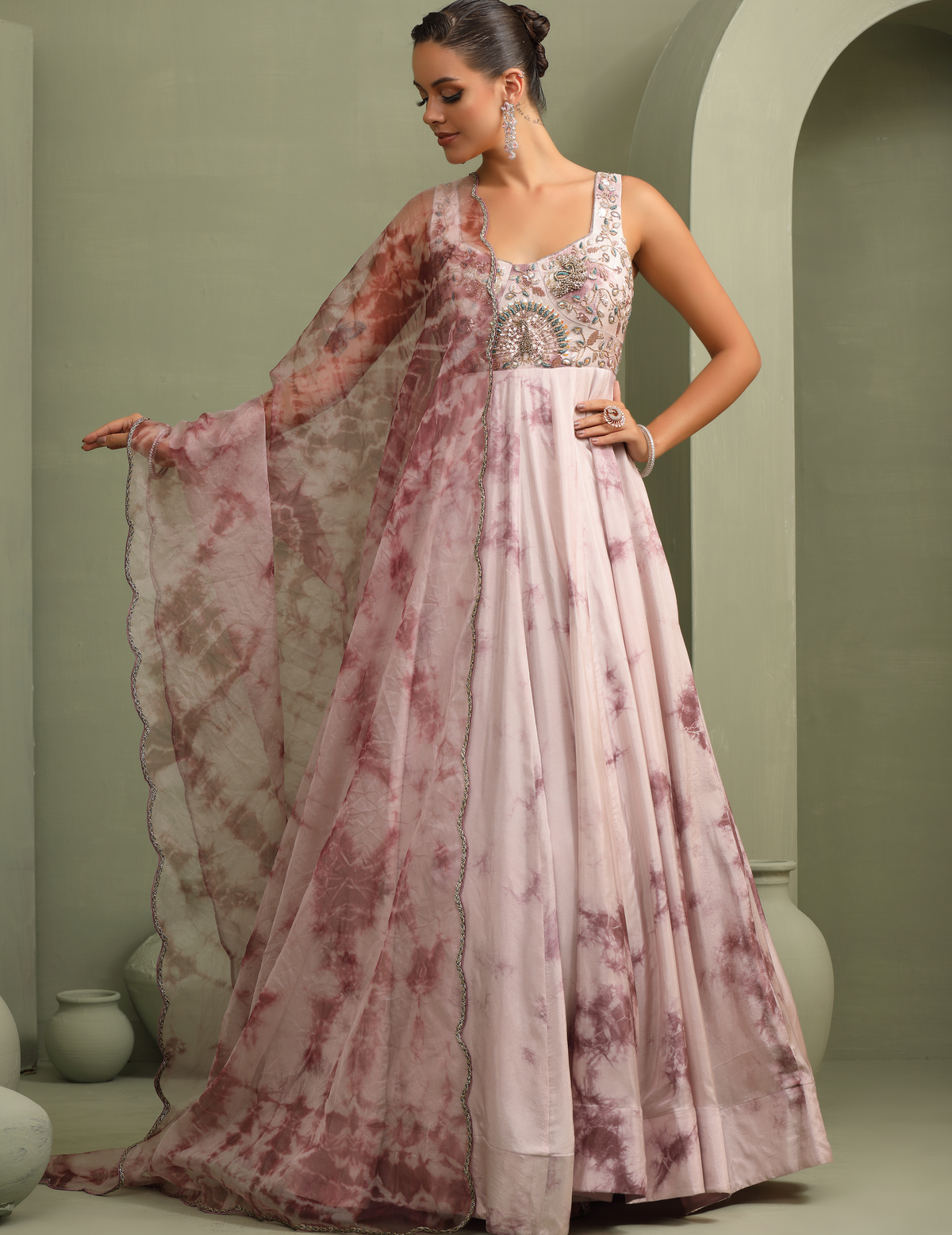 Lavender Tie-Dye Hand-Embroidered Anarkali Gown With Dupatta