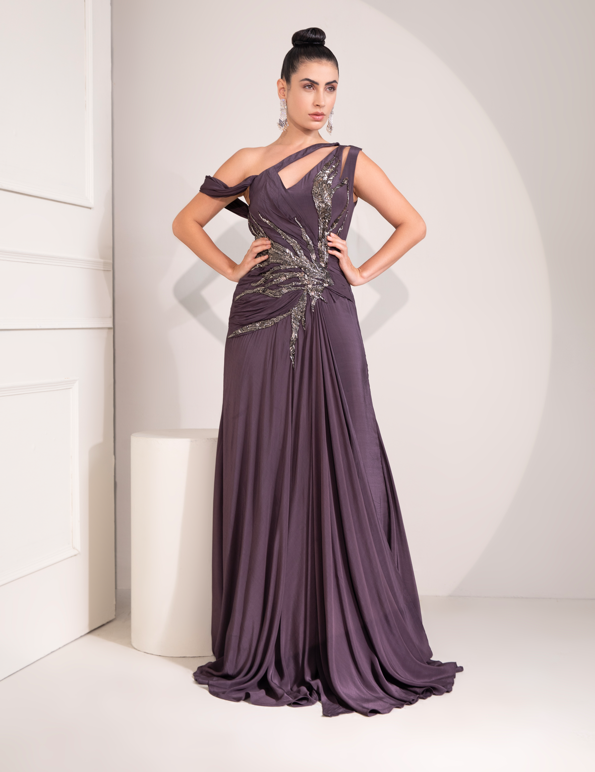 Midnight Plum One Shoulder Gown With Abstract Work