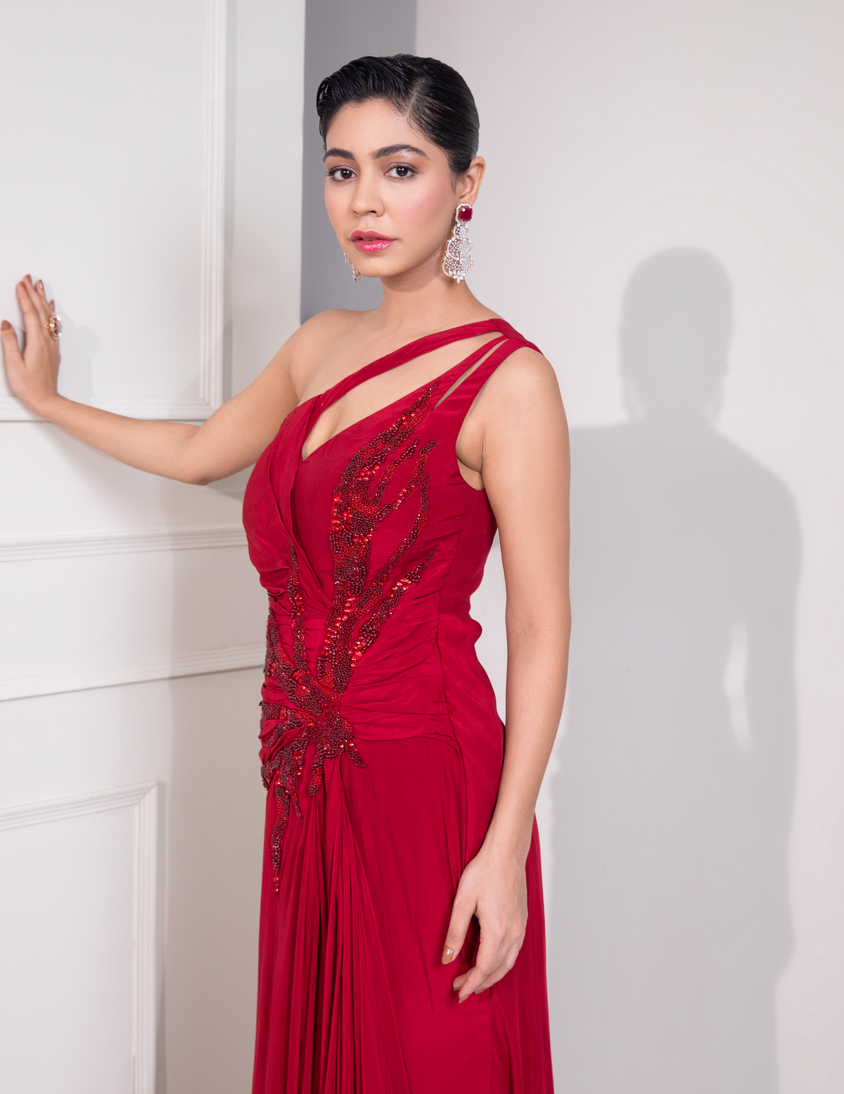 Ruby Red One Shoulder Draped Cocktail Gown Abstract Work