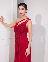 Ruby Red One Shoulder Draped Cocktail Gown Abstract Work