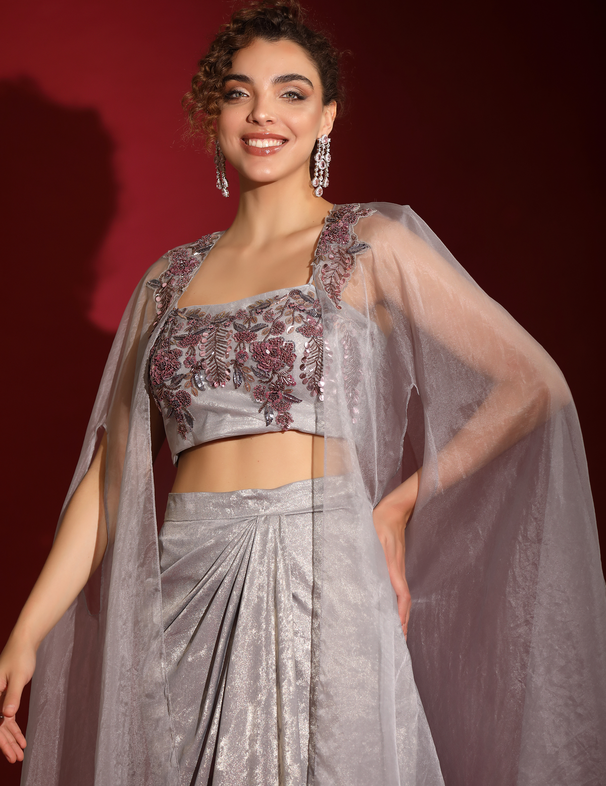 Metallic Grey Foil & Sea Life Embroidered Crop-Top Draped Skirt-Cape Set