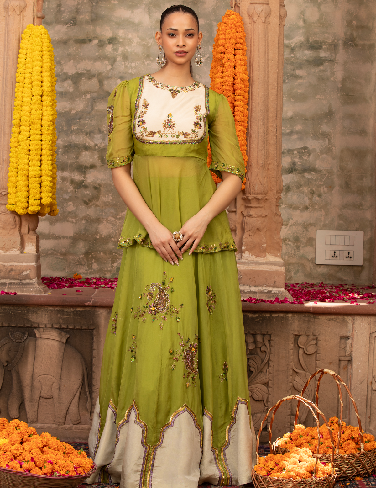 Parrot Green Organza Jharoka Applique Peplum Lehenga