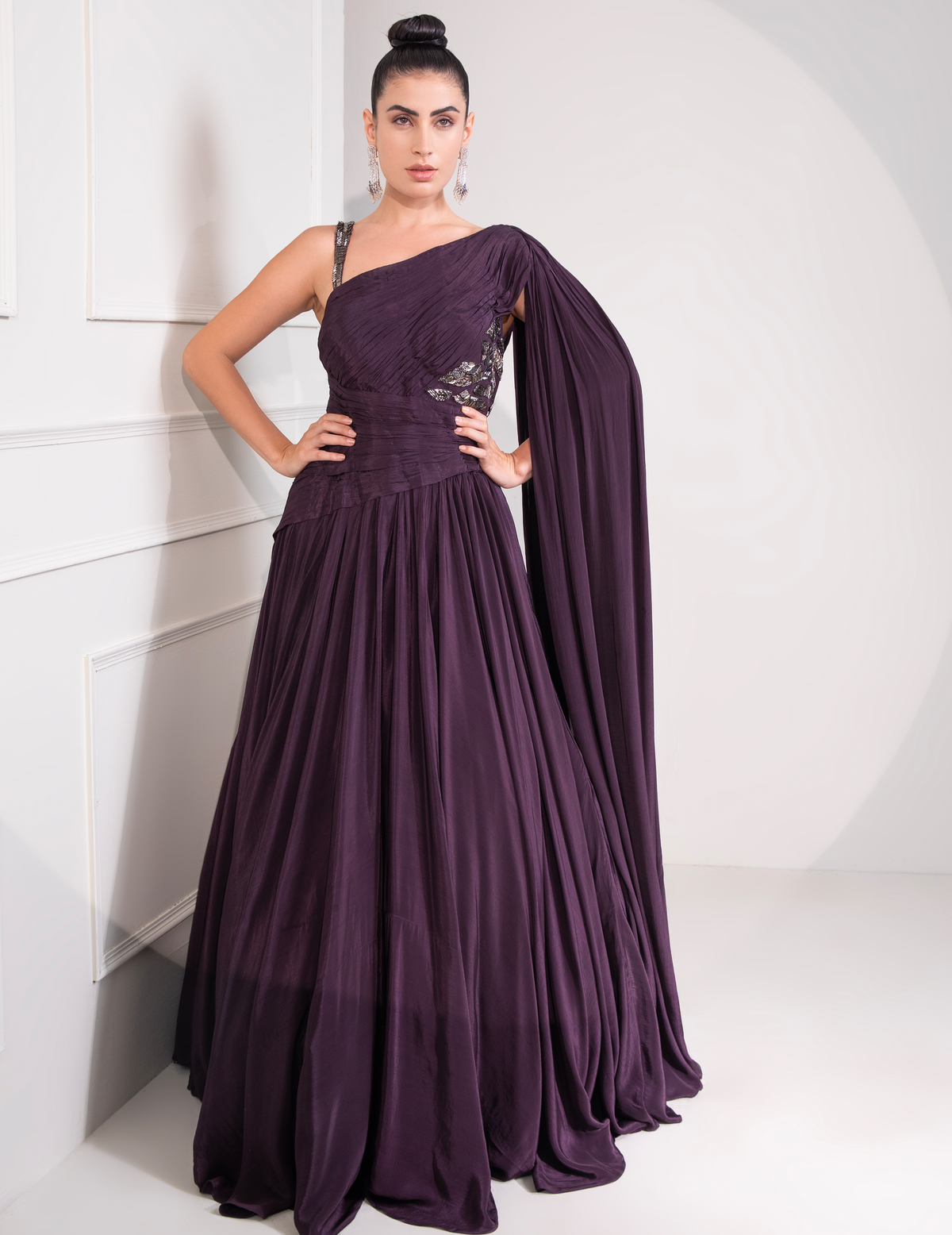 One Shoulder Draped Cocktail Gown Abstract Work