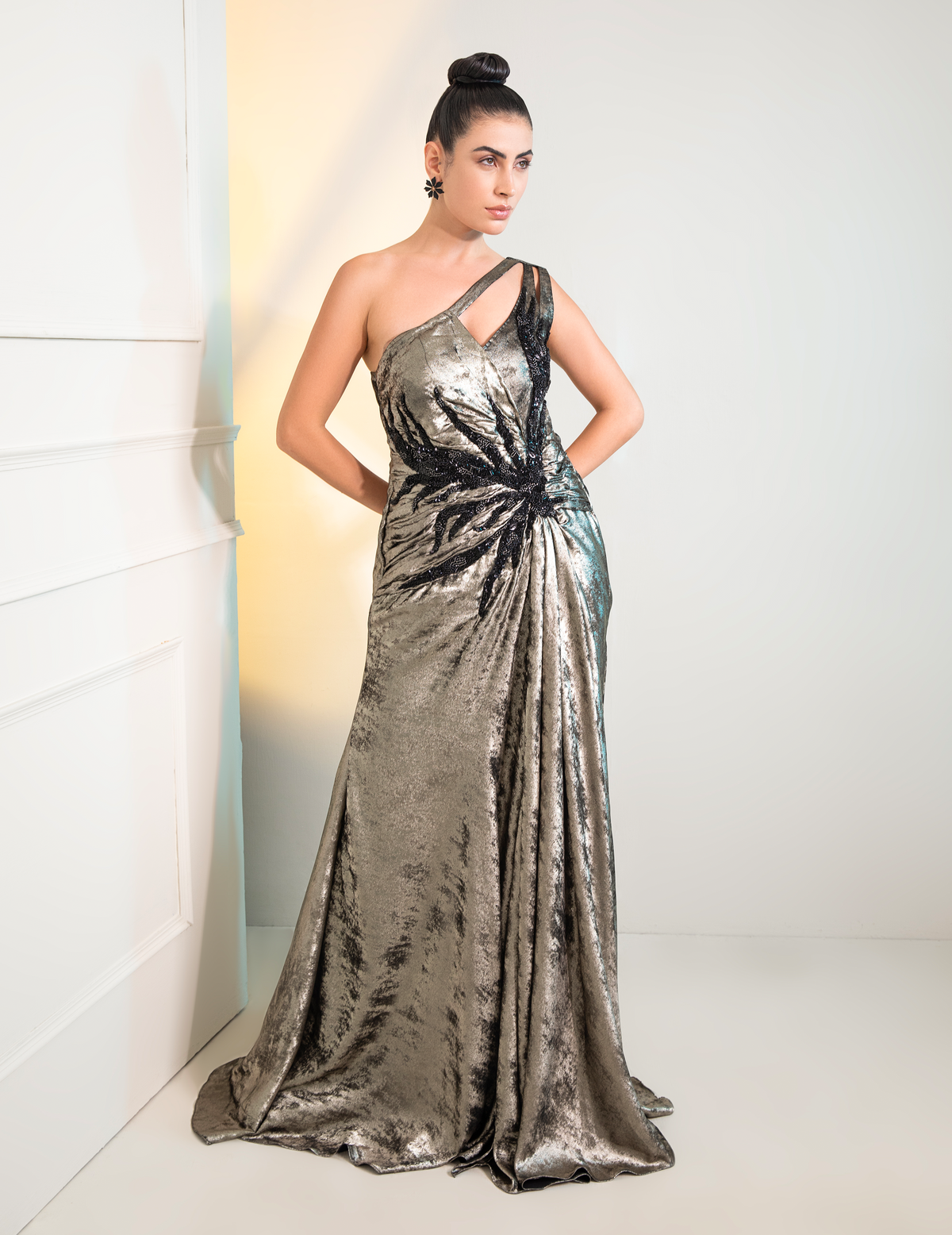 Grey Metalica Ruched Sleeves Cocktail Gown