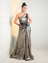 Grey Metalica Ruched Sleeves Cocktail Gown