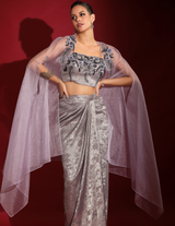 Purple Metallica Embellished Bustier With Drape Skirt And Organza Cape
