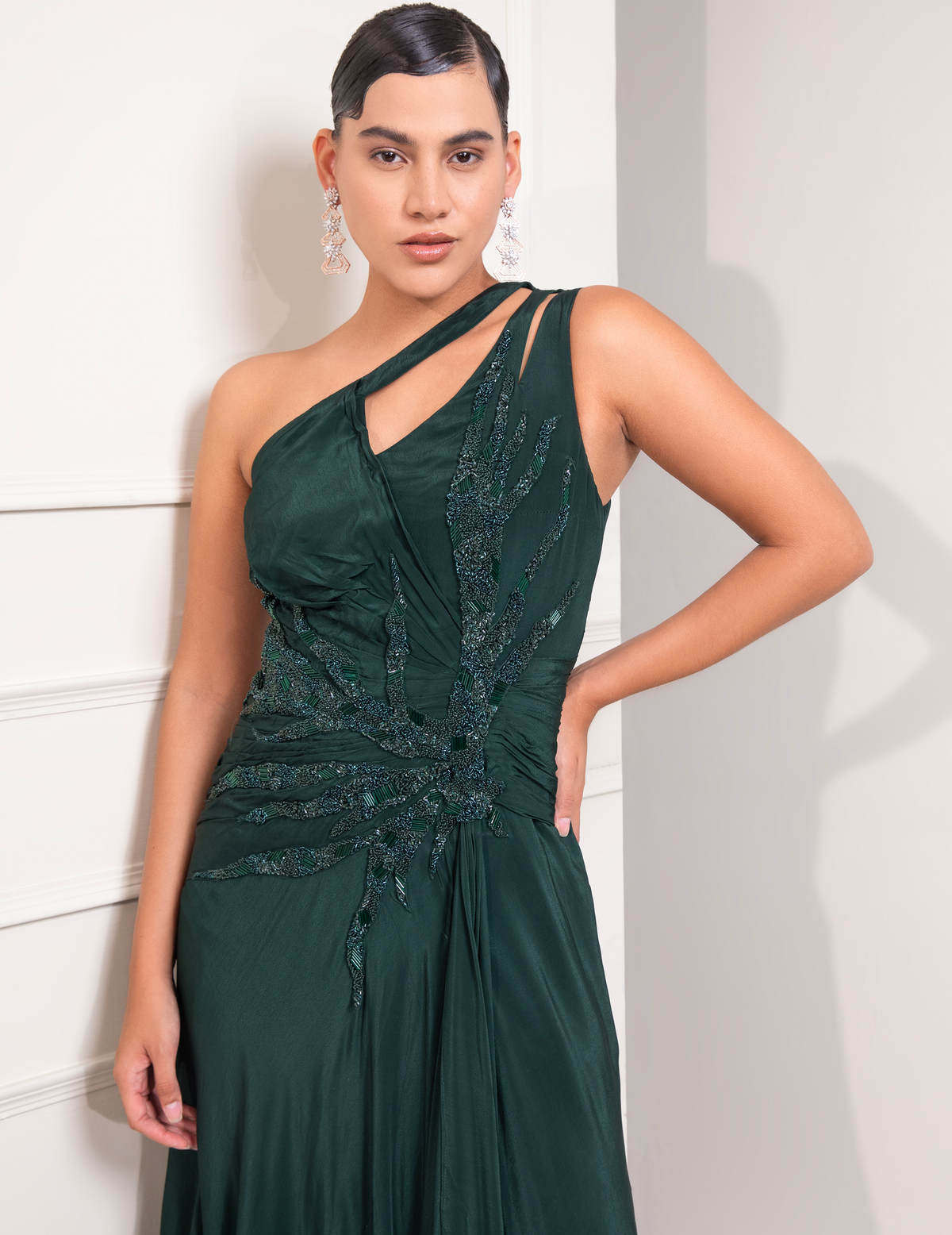 Bottle Green One Shoulder Draped Cocktail Gown Abstract Work