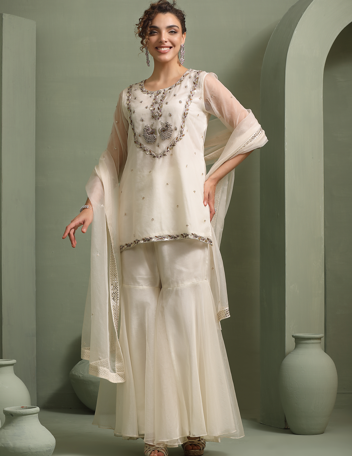 Ivory Peacock Motif Hand-Embellished Short-Kurti, Sharara, Dupatta Indo-Fusion