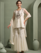 Ivory Peacock Motif Hand-Embellished Short-Kurti, Sharara, Dupatta Indo-Fusion