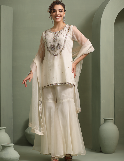 Ivory Peacock Motif Hand-Embellished Short-Kurti, Sharara, Dupatta Indo-Fusion