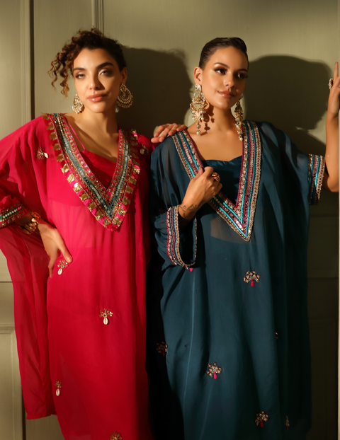 Pink Festive Oversized Kaftan-Crop Top,Trouser Set
