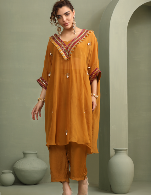 Mustard Festive Oversized Kaftan-Crop Top, Trousers Set