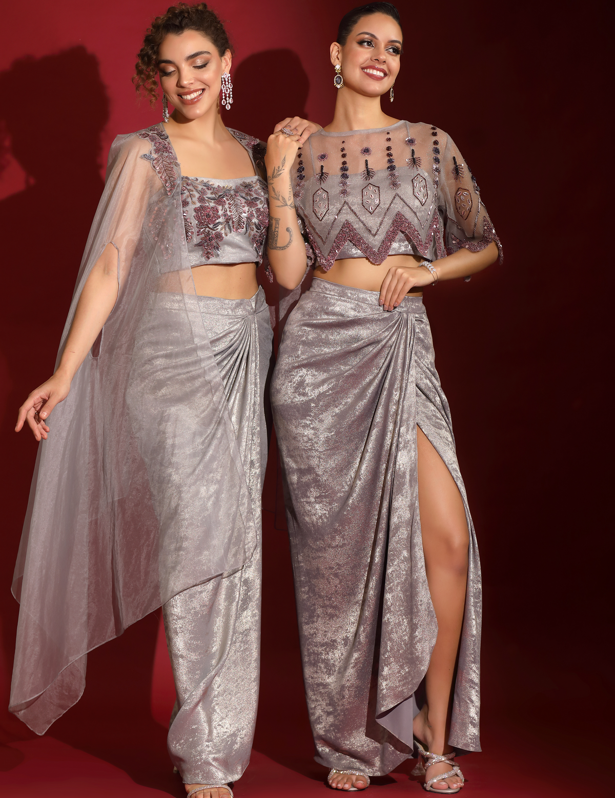 Geometrical Cape, Crop-Top & Metallic Foil Grey Skirt