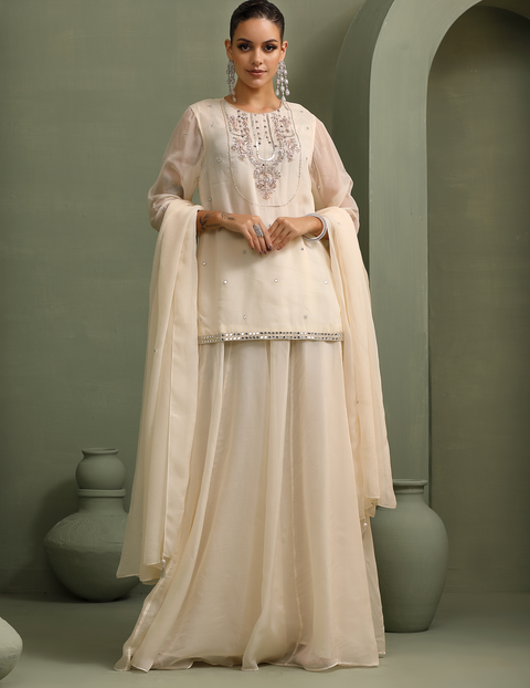 Ivory Hand-Embellished Short Kurti With Mirror-Work Lehenga & Dupatta Set