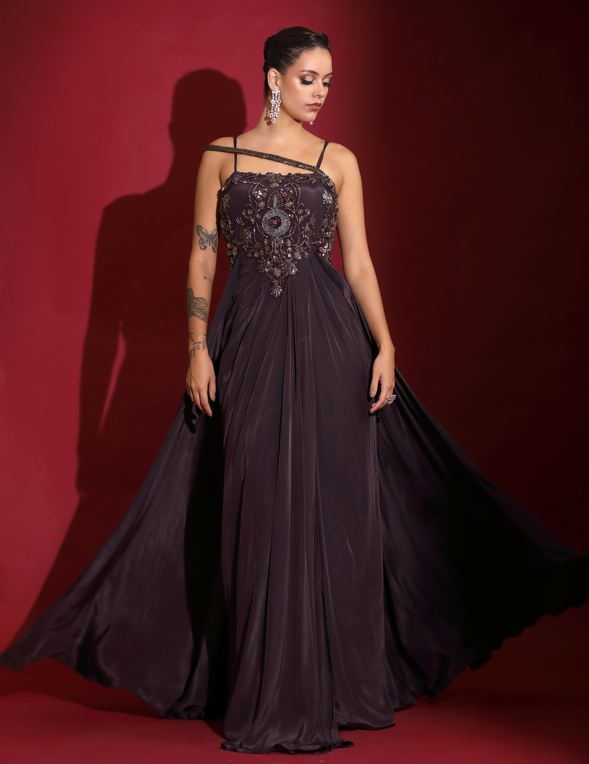 Chocalate Draped Cocktail Gown With Embellished Corset
