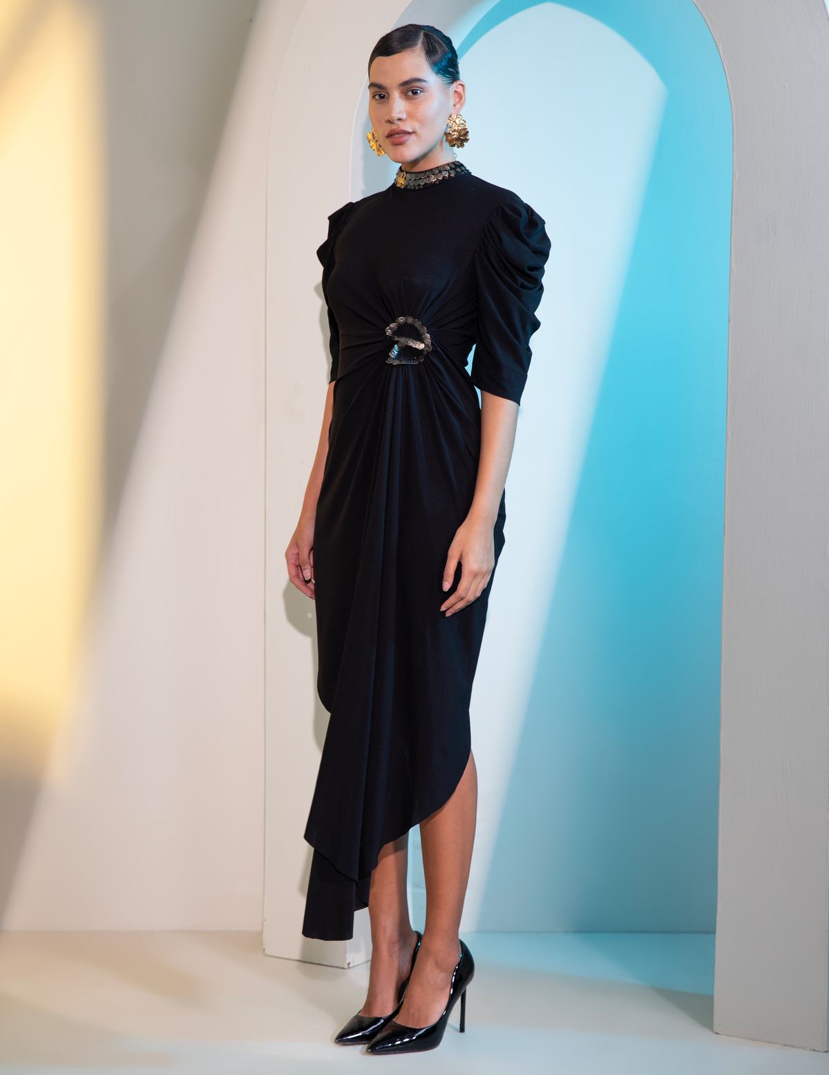 Coin Hi-Neck Draped Asymmetric Dress With Cowl Sleeves