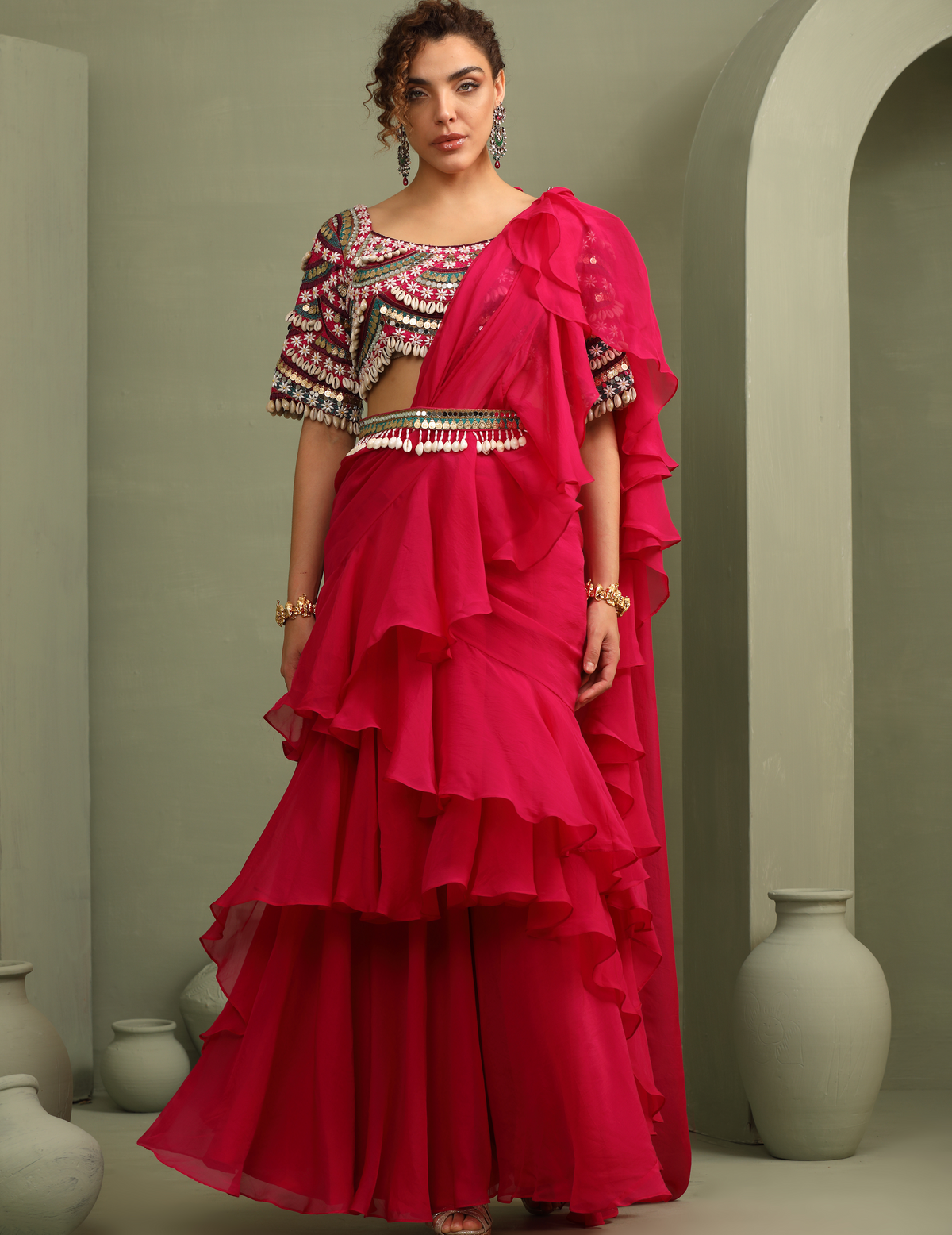 Kitsch Colourful Embellished Blouse & Ruffled Pre-Draped Saree
