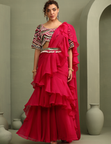 Kitsch Colourful Embellished Blouse & Ruffled Pre-Draped Saree