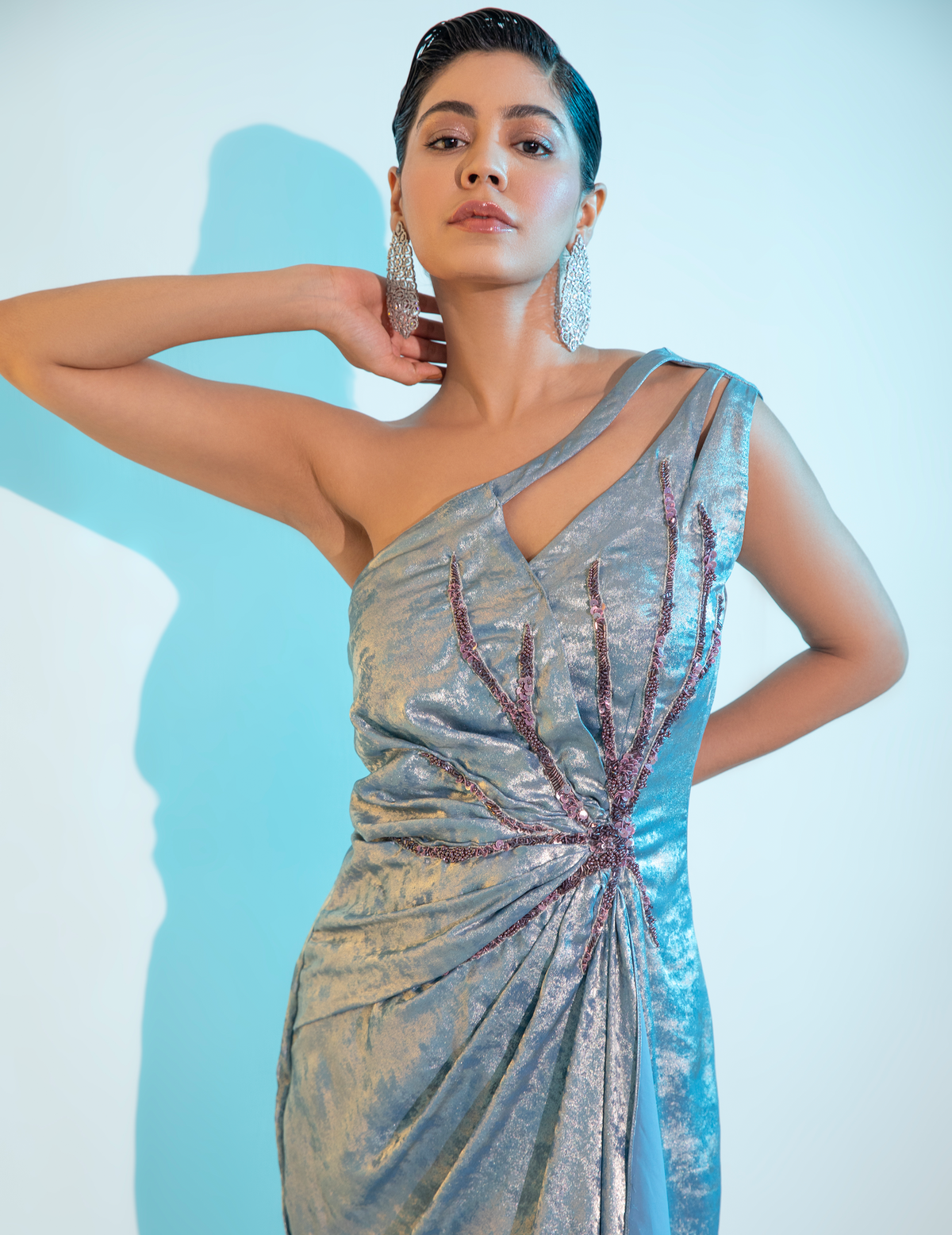 Blue Metalica Draped Midi Gown