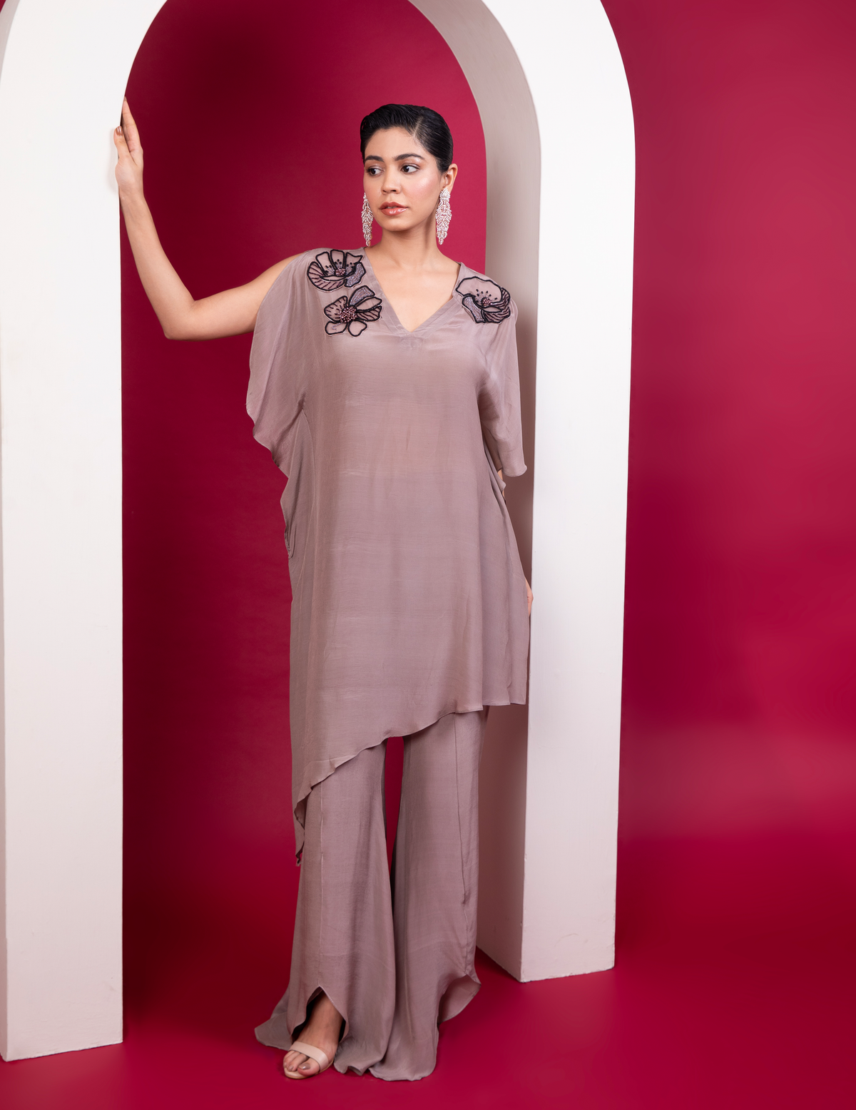 Asymmetric Kaftan & Pallazo Set In Greige Shade