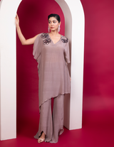 Asymmetric Kaftan & Pallazo Set In Greige Shade
