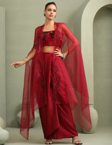 Bloody Mary Abstract Work Crop-Top, Draped Skirt & Embellished Organza Cape