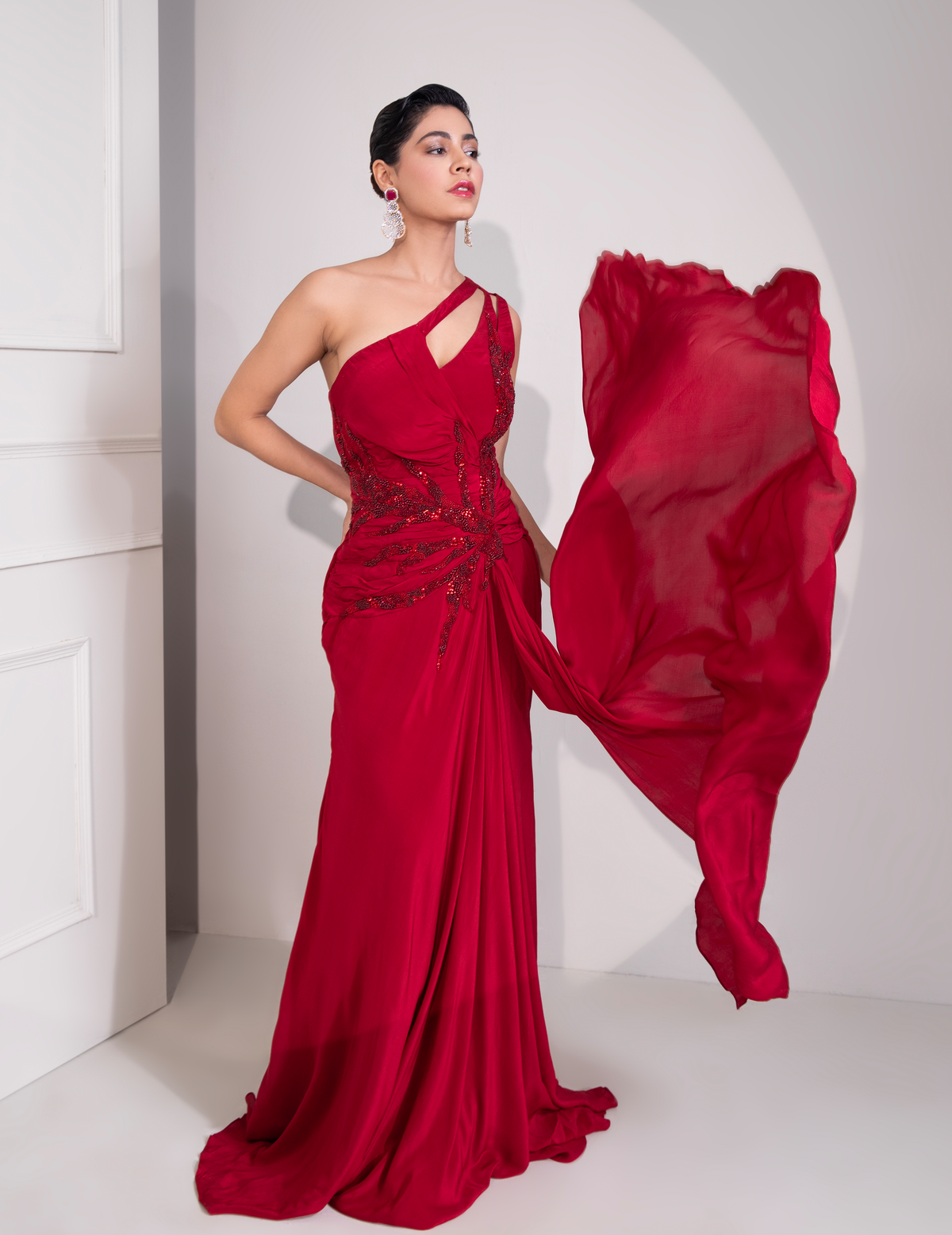 Ruby Red One Shoulder Draped Cocktail Gown Abstract Work