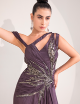 Midnight Plum One Shoulder Gown With Abstract Work