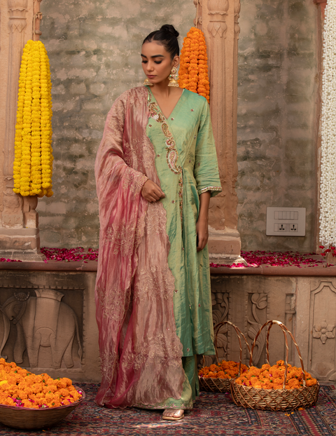 Mint Green Tissue Zari Paisley Anarkali Set