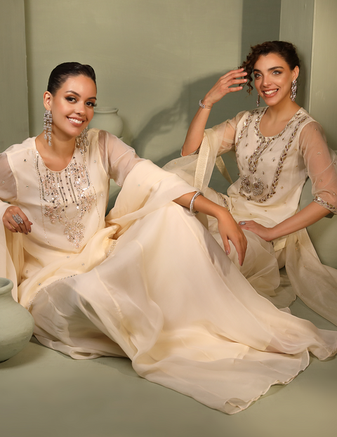 Ivory Hand-Embellished Short Kurti With Mirror-Work Lehenga & Dupatta Set