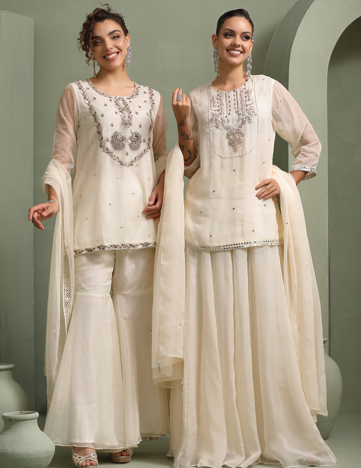 Ivory Peacock Motif Hand-Embellished Short-Kurti, Sharara, Dupatta Indo-Fusion