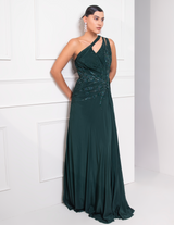 Bottle Green One Shoulder Draped Cocktail Gown Abstract Work