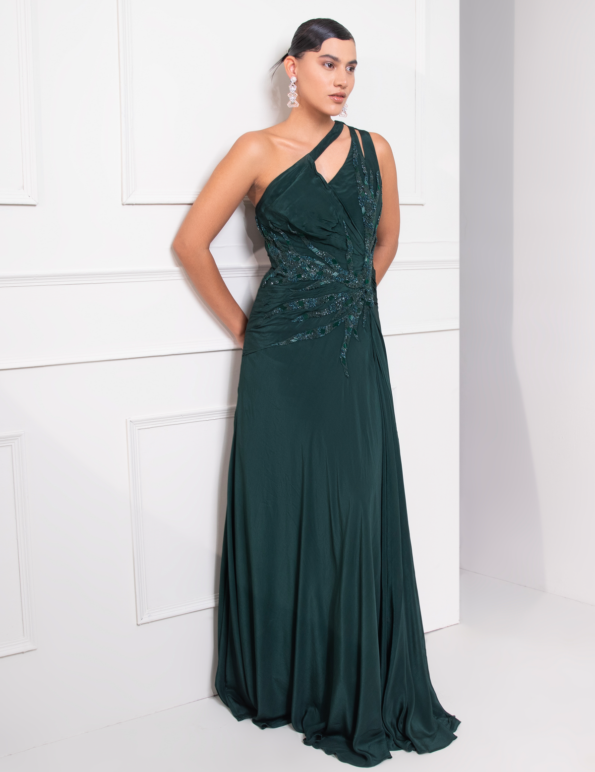 Bottle Green One Shoulder Draped Cocktail Gown Abstract Work