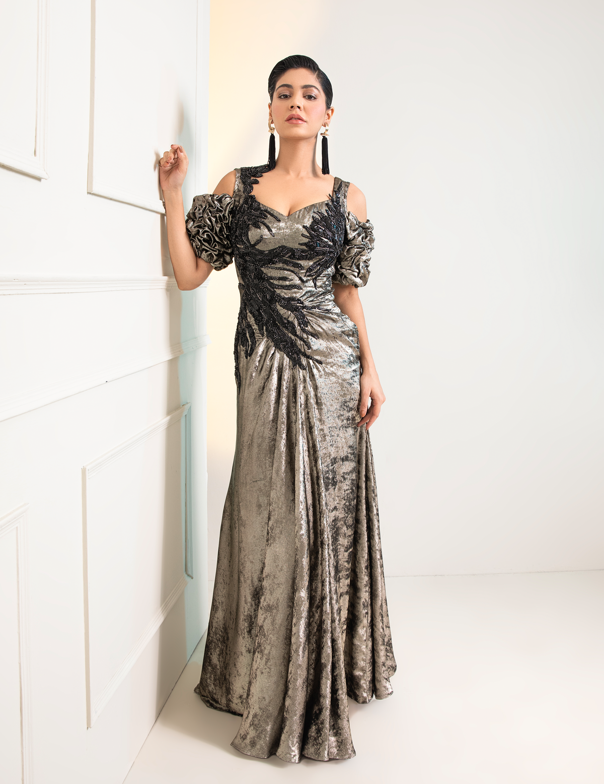 Grey Metalica Ruched Sleeves Cocktail Gown