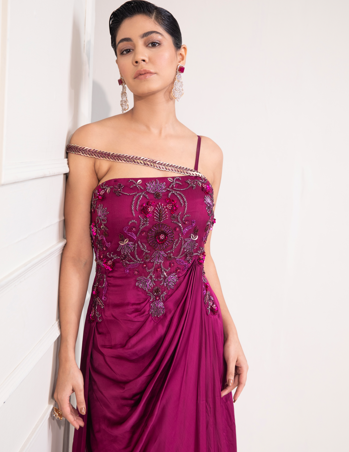 Viva Magenta Draped Cocktail Gown With Embellished Corset