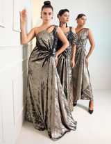Grey Metalica Ruched Sleeves Cocktail Gown