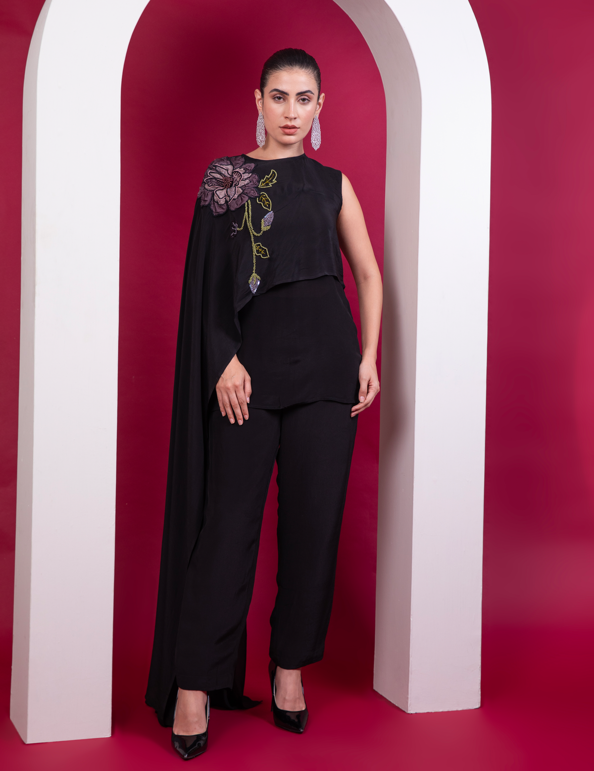 Black Asymmetric Cape Top Cocktail Co-Ord Set