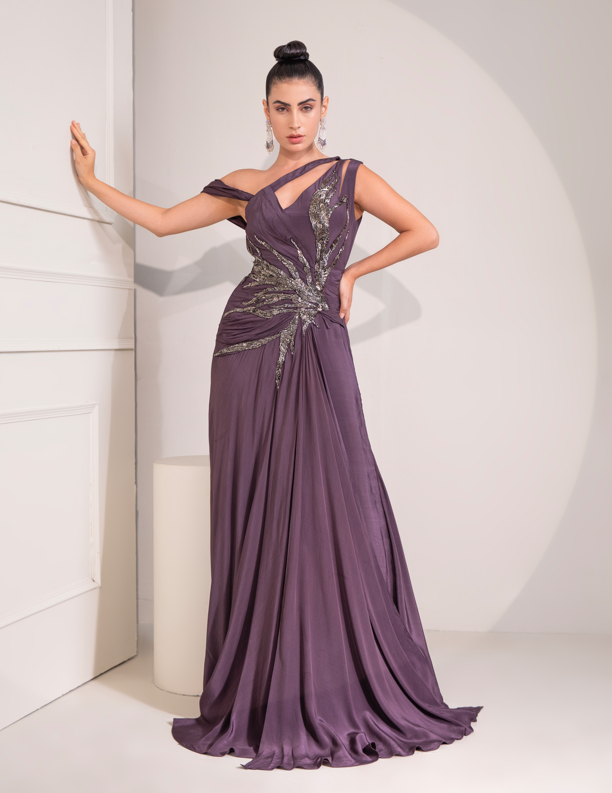 Midnight Plum One Shoulder Gown With Abstract Work