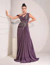 Midnight Plum One Shoulder Gown With Abstract Work