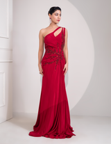 Ruby Red One Shoulder Draped Cocktail Gown Abstract Work