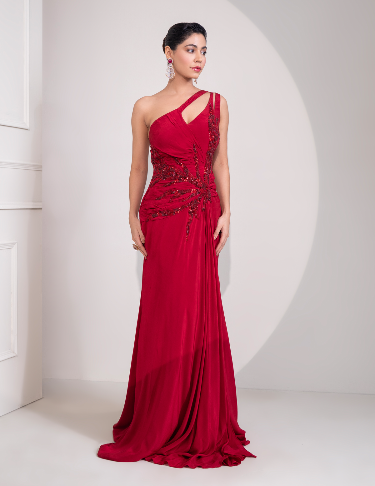 Ruby Red One Shoulder Draped Cocktail Gown Abstract Work