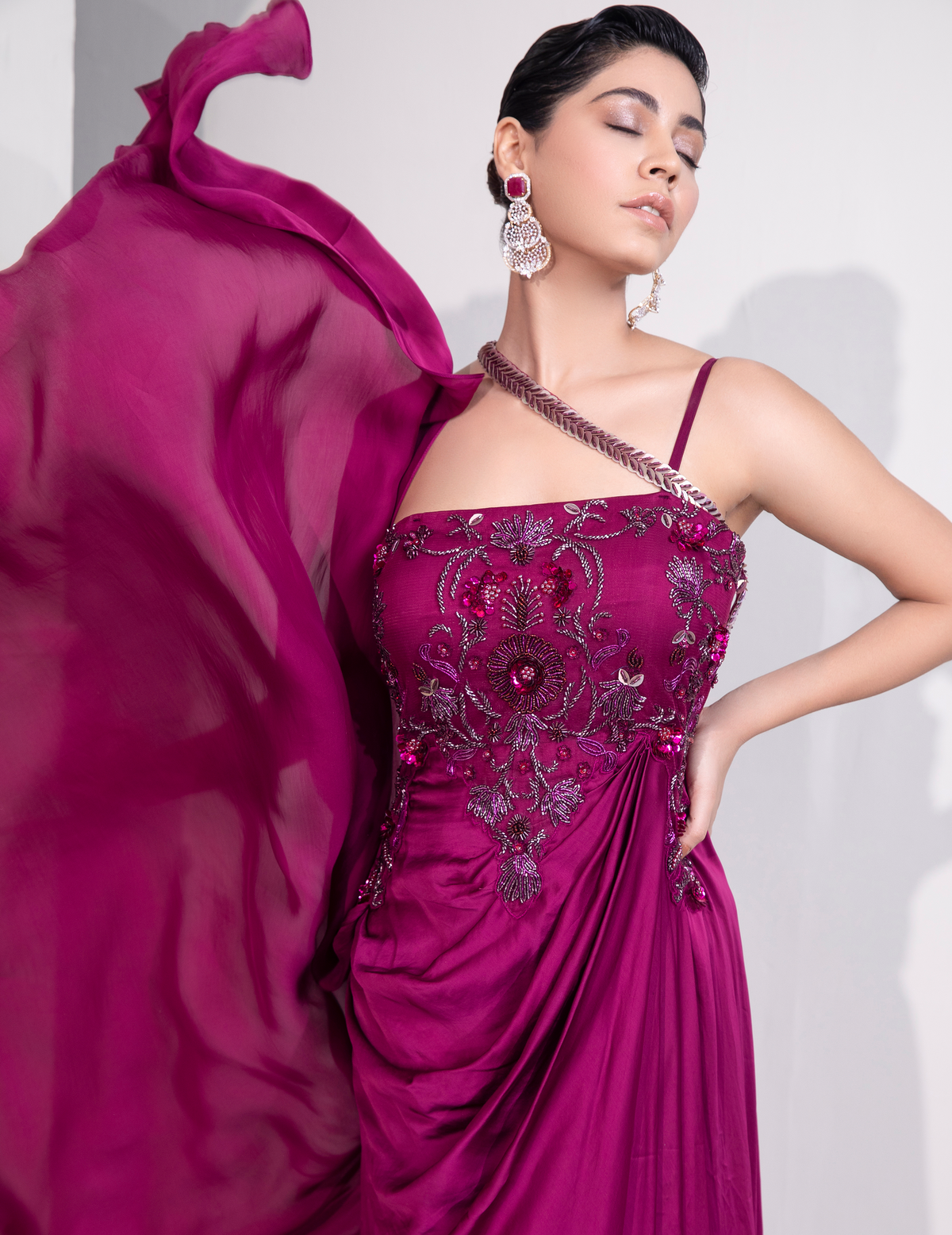 Viva Magenta Draped Cocktail Gown With Embellished Corset