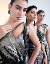 Grey Metalica Ruched Sleeves Cocktail Gown