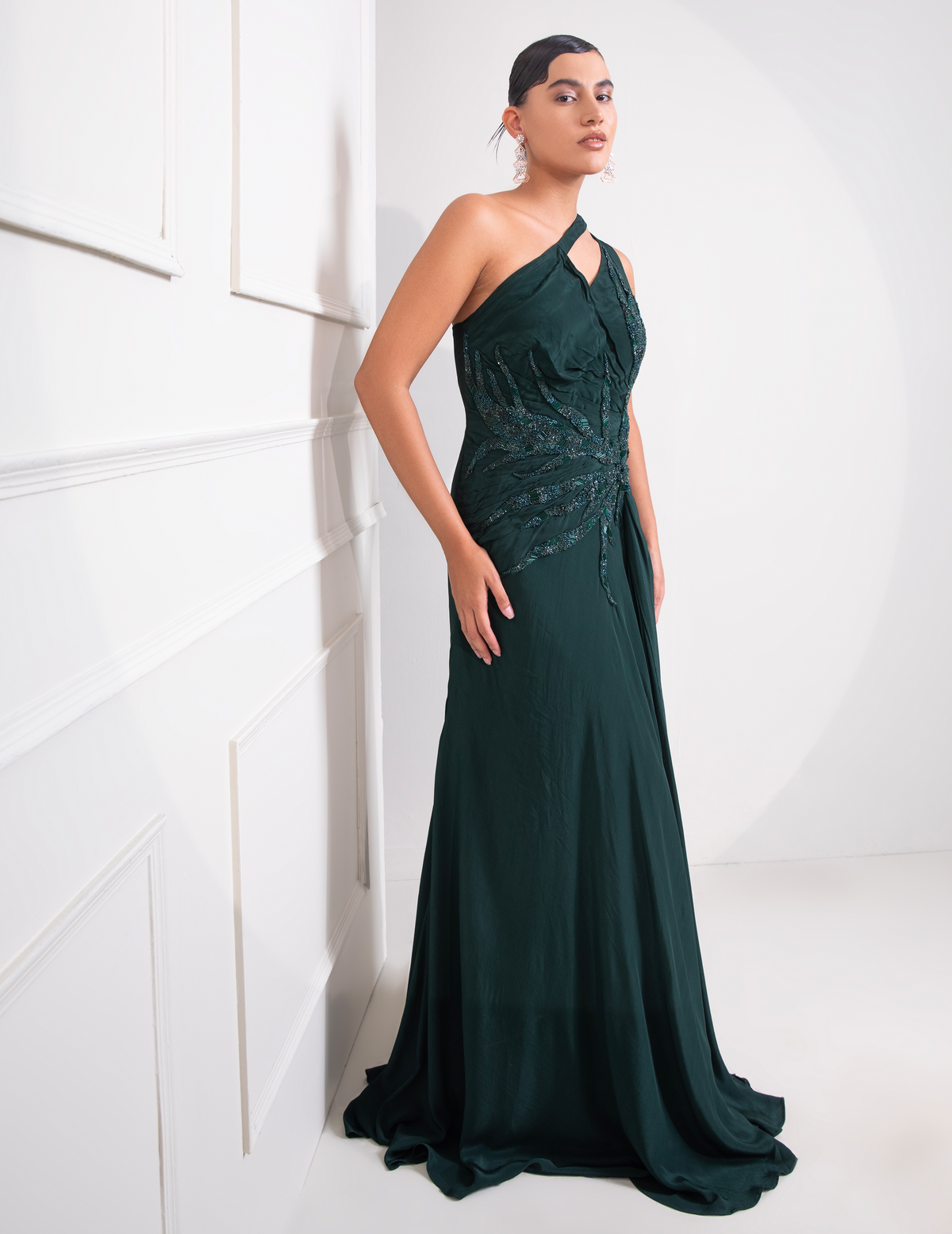 Bottle Green One Shoulder Draped Cocktail Gown Abstract Work