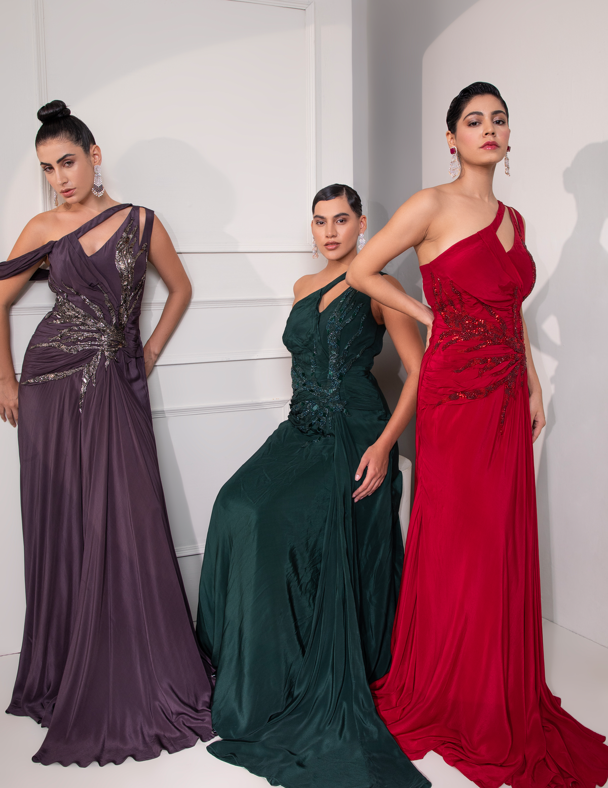 Ruby Red One Shoulder Draped Cocktail Gown Abstract Work