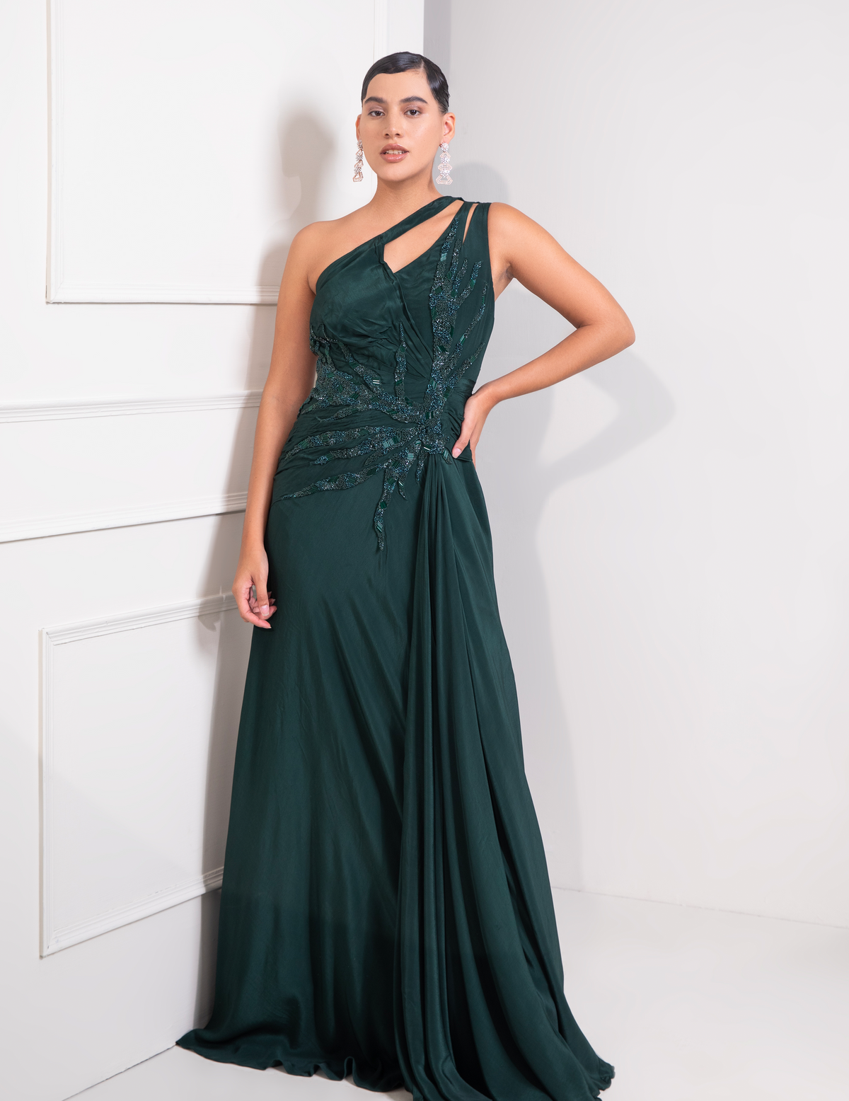 Bottle Green One Shoulder Draped Cocktail Gown Abstract Work